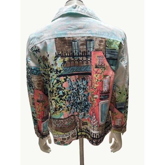 Christopher & Banks PM Stretch Jacket Colorful Town Print Button Up Front - Picture 3 of 11